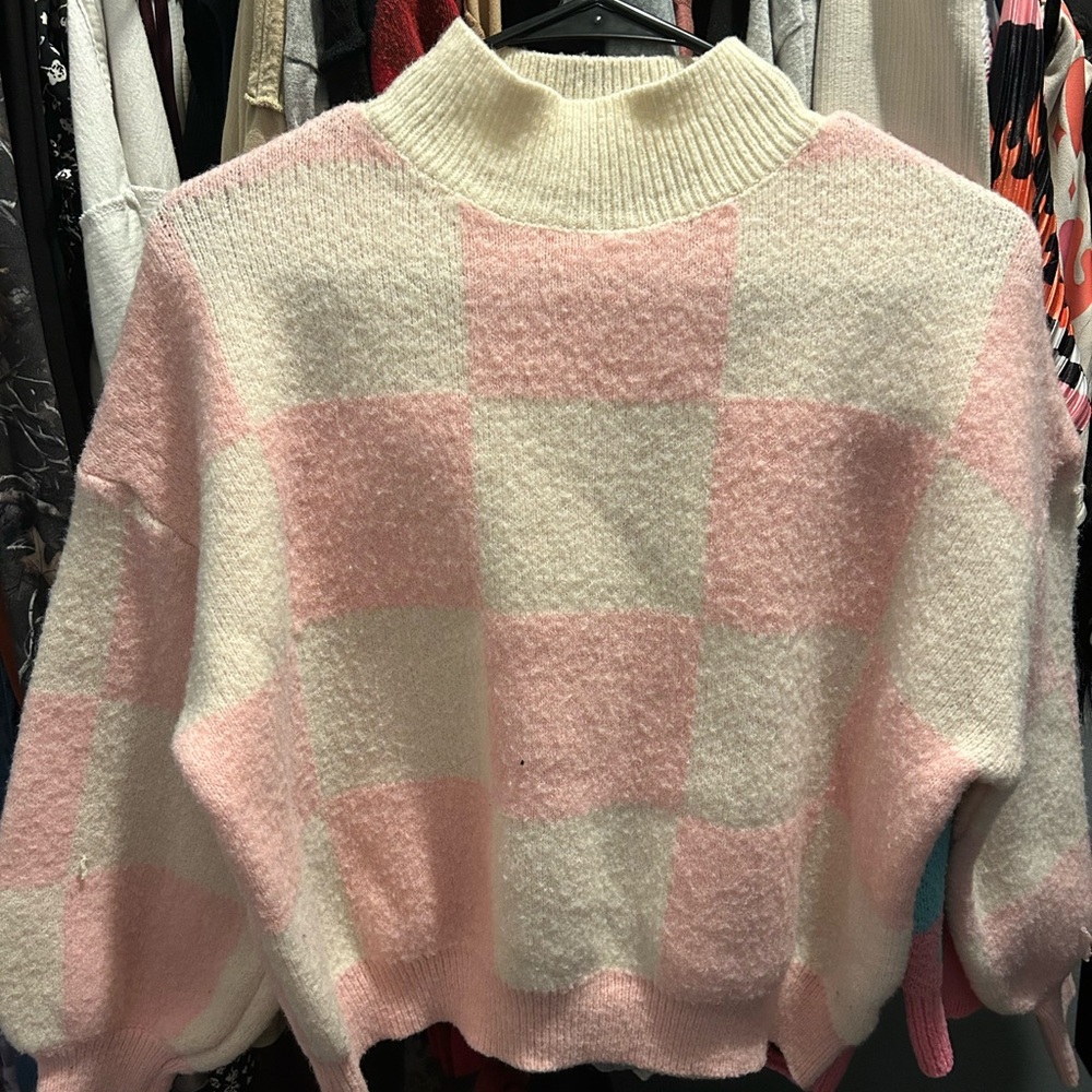 Amazon Pink and Cream Checkered Women's Turtleneck Sweater